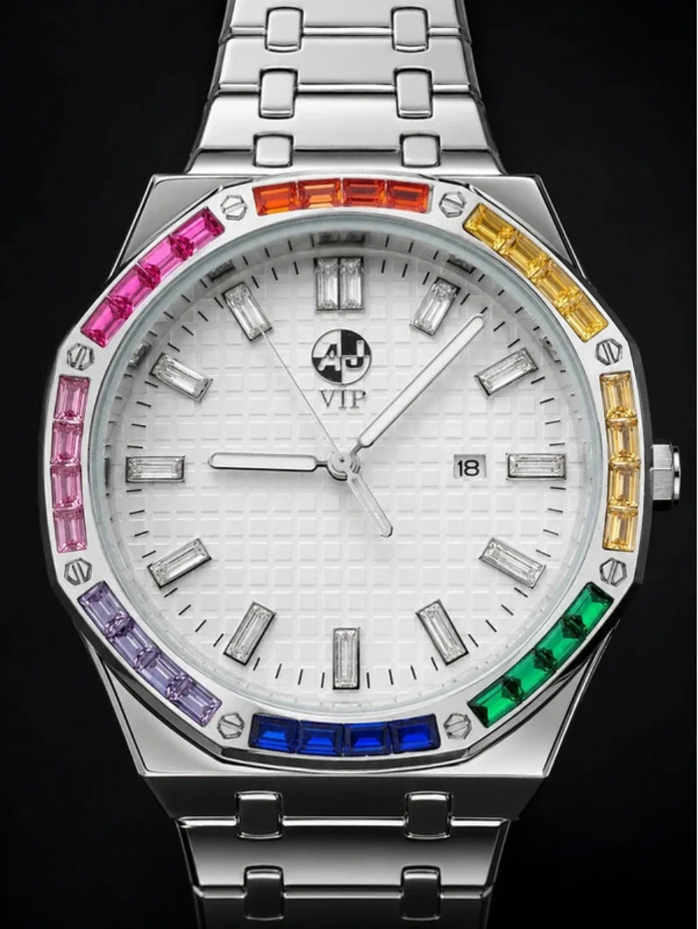 #542 AJ VIP 42mm Rainbow Crystal Watch + Free Size 12 Ring